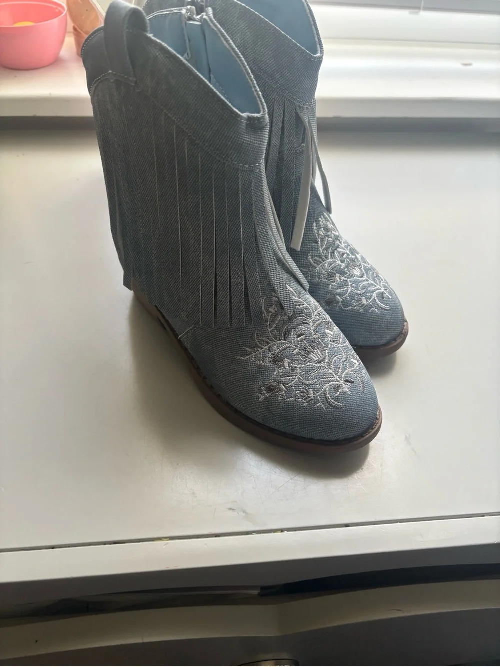 Fringe Embroidered Ankle Boots - Light Blue